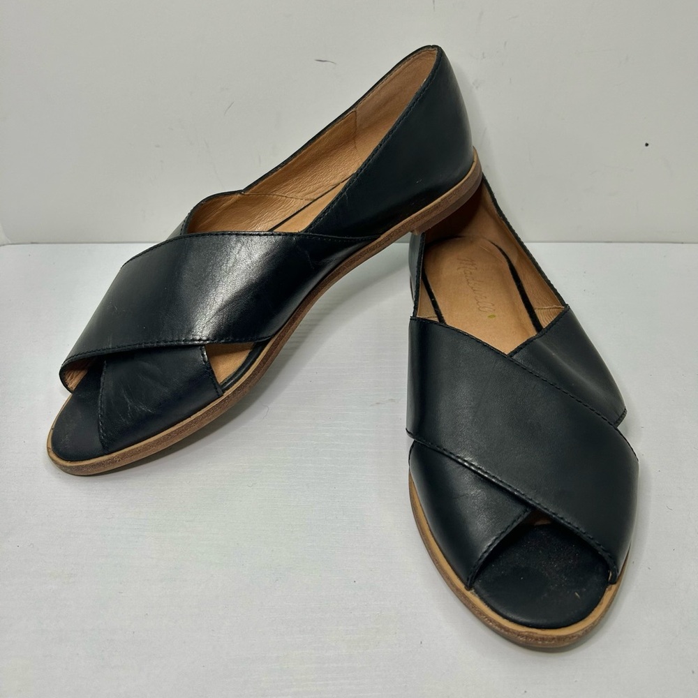 Madewell The Blaine Crisscross Flat Black Leather Open Toe Flats Size 7.5 - Picture 3 of 16